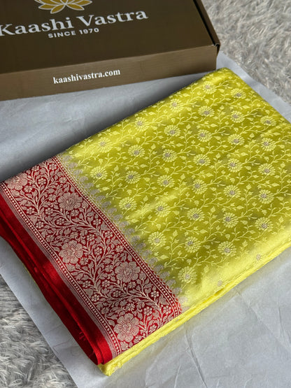 Lemon yellow with red colour premium Banarasi Mashru katan silk saree MK248