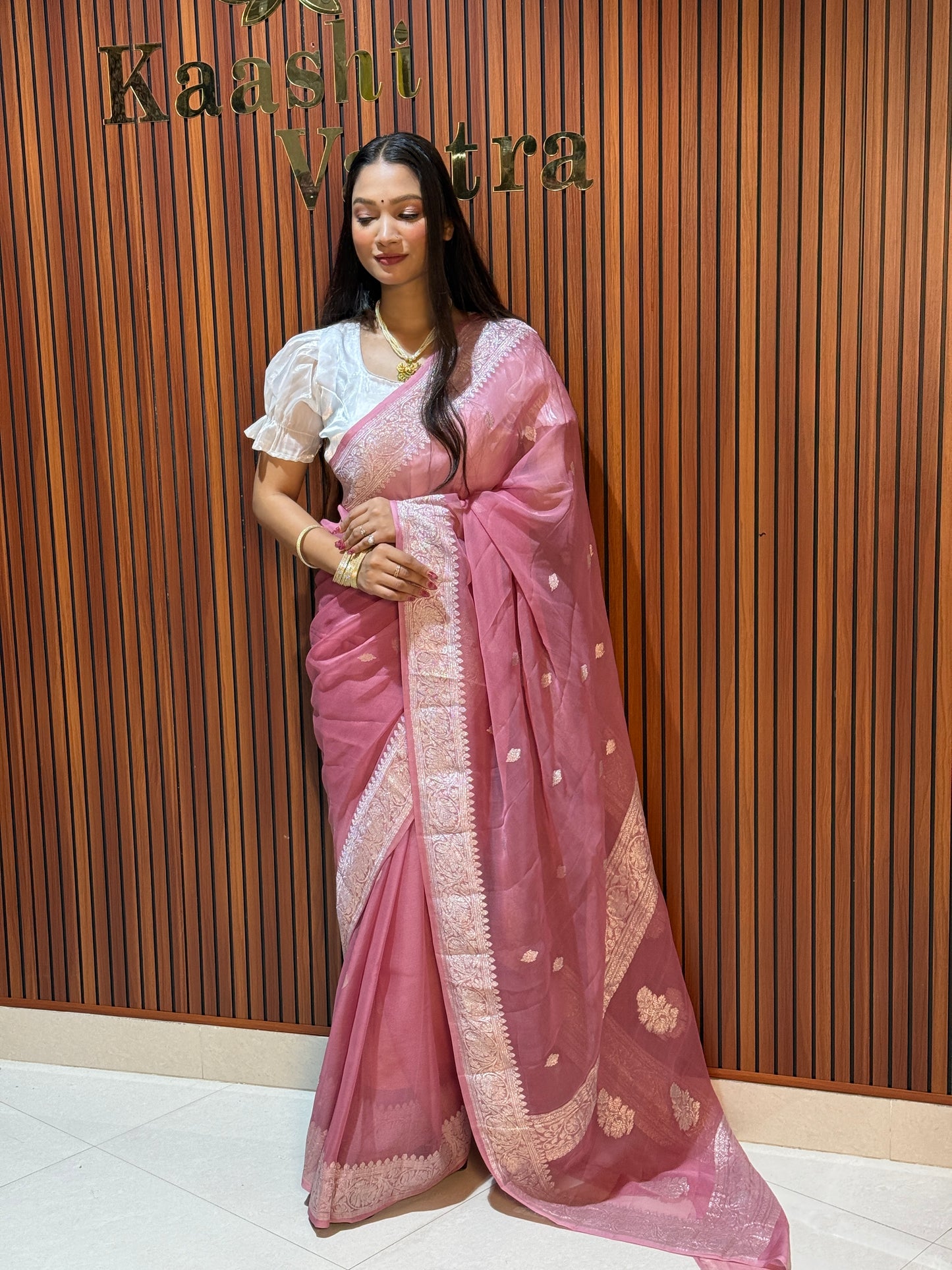 ONION PINK Banarasi pure khaddi chiffon silk saree KC101