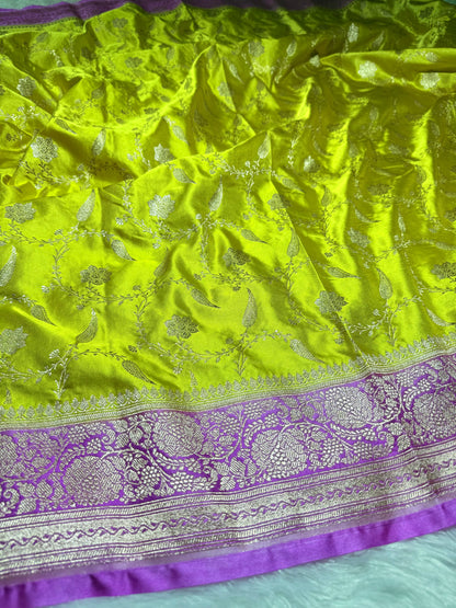 Yellow pink contrast Banarasi Mashru katan silk saree MK203