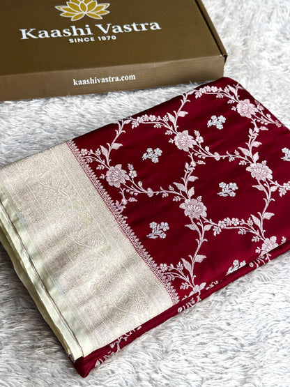 Maroon with off white colour premium Banarasi Mashru katan silk saree MK339