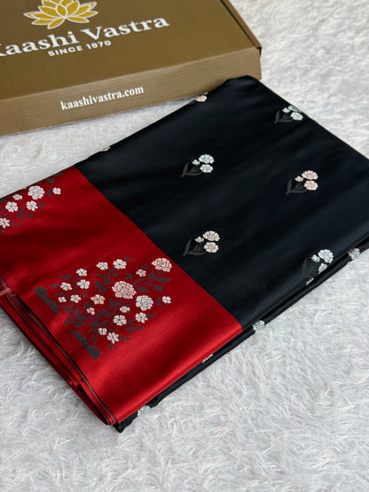 Black and red colour premium Banarasi Mashru katan silk saree