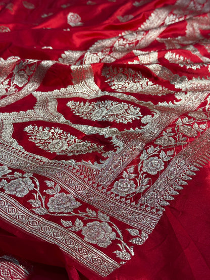 chilli red rose boota Mashru Silk Saree with light silver ZARI MK156