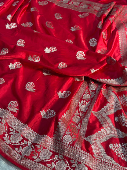 chilli red rose boota Mashru Silk Saree with light silver ZARI MK156