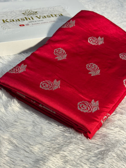 chilli red rose boota Mashru Silk Saree with light silver ZARI MK156