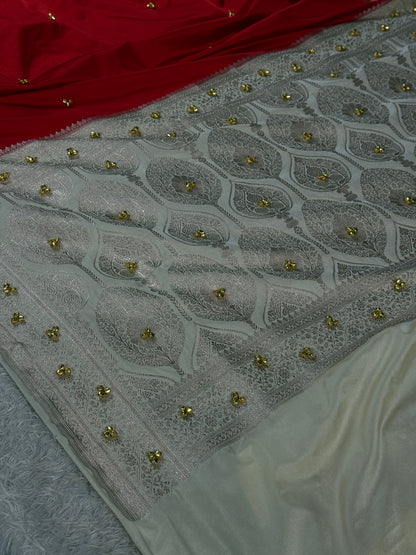Red with off white colour premium Banarasi Mashru katan silk saree MK346
