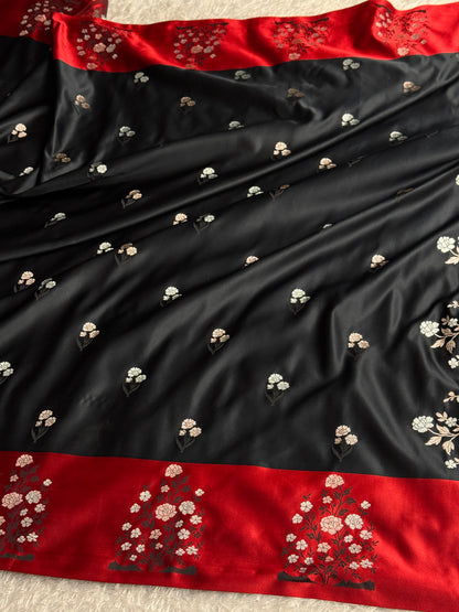 Black and red colour premium Banarasi Mashru katan silk saree
