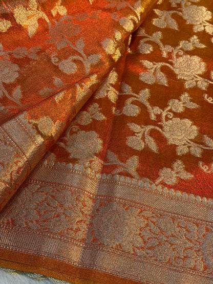 Orange Banarasi tissue silk saree with lace border TS106