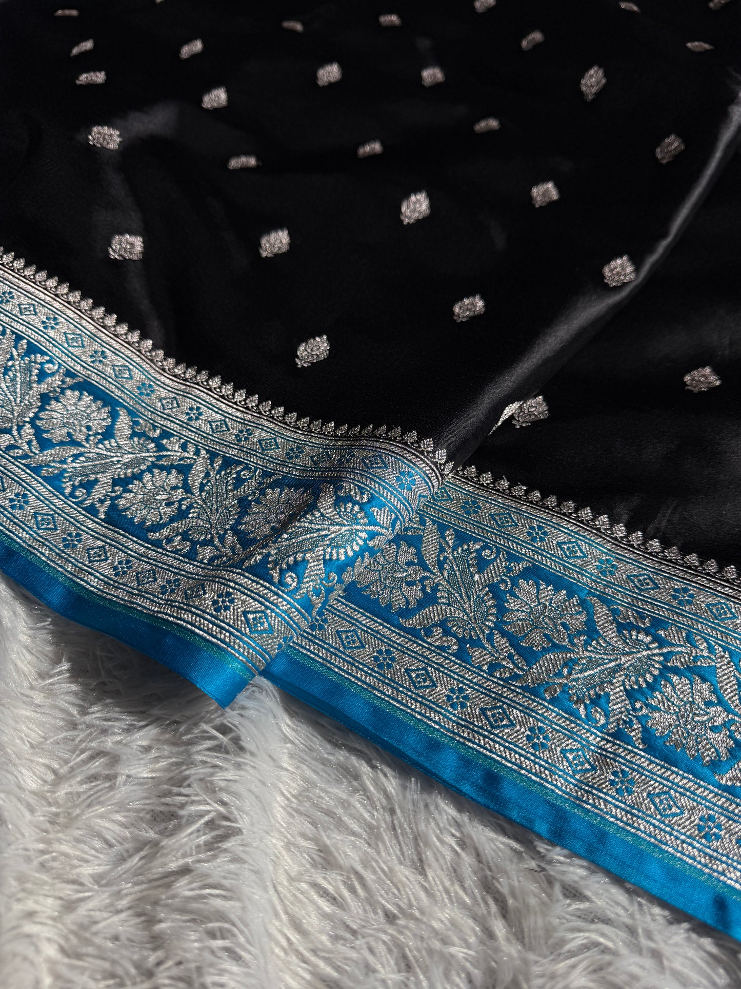 Black and sky blue contrast Banarasi Mashru katan silk saree MK182