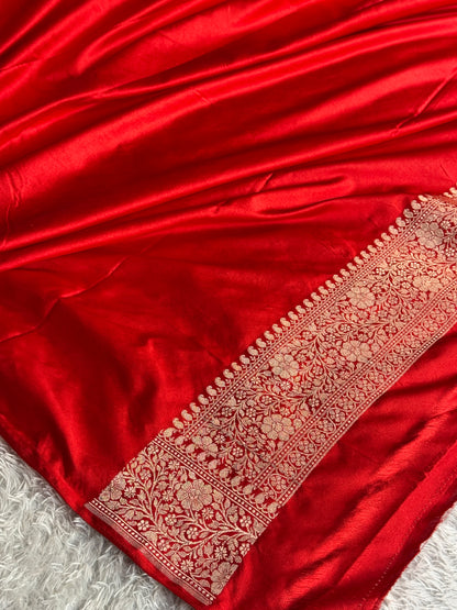 Lemon yellow with red colour premium Banarasi Mashru katan silk saree MK248