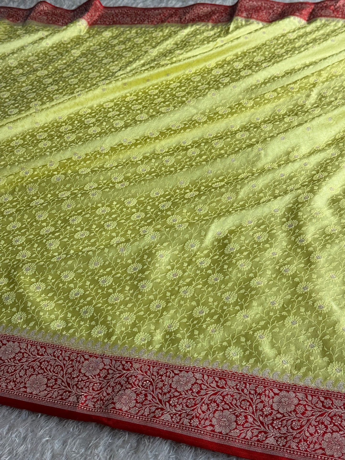 Lemon yellow with red colour premium Banarasi Mashru katan silk saree MK248