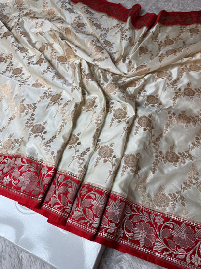 Red and half white premium Banarasi Mashru Katan silk saree MK202