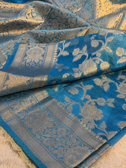 Sky blue Banarasi tissue silk saree with lace border TS106