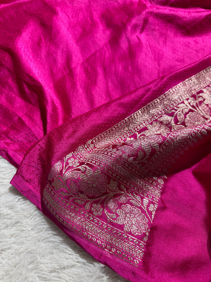 Rani pink off white premium Banarasi Mashru katan silk saree MK218