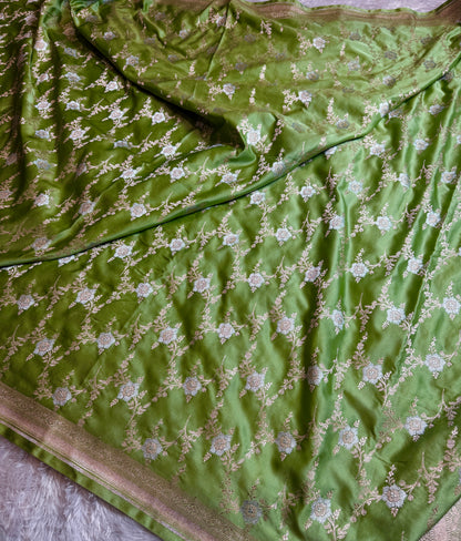 Pista green premium Banarasi Mashru katan silk saree MK219