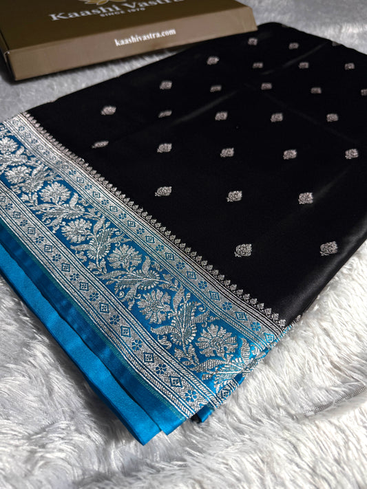 Black and sky blue contrast Banarasi Mashru katan silk saree MK182