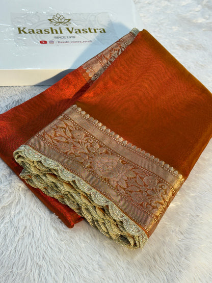 Orange Banarasi tissue silk saree with lace border TS106