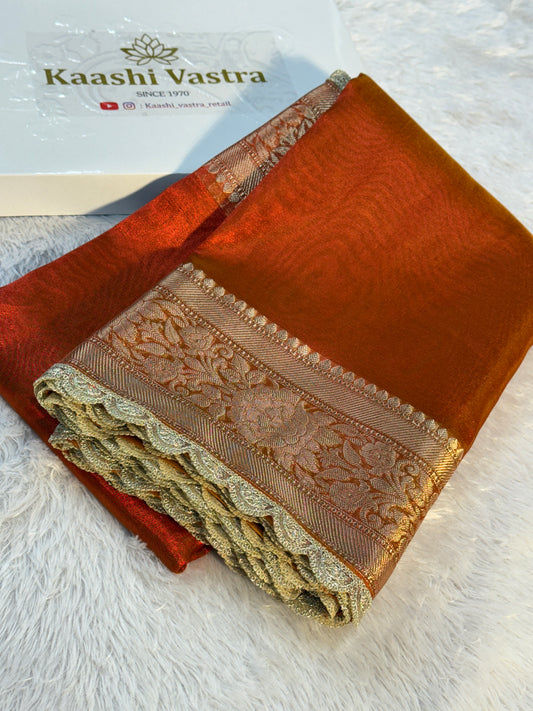 Orange Banarasi tissue silk saree with lace border TS106