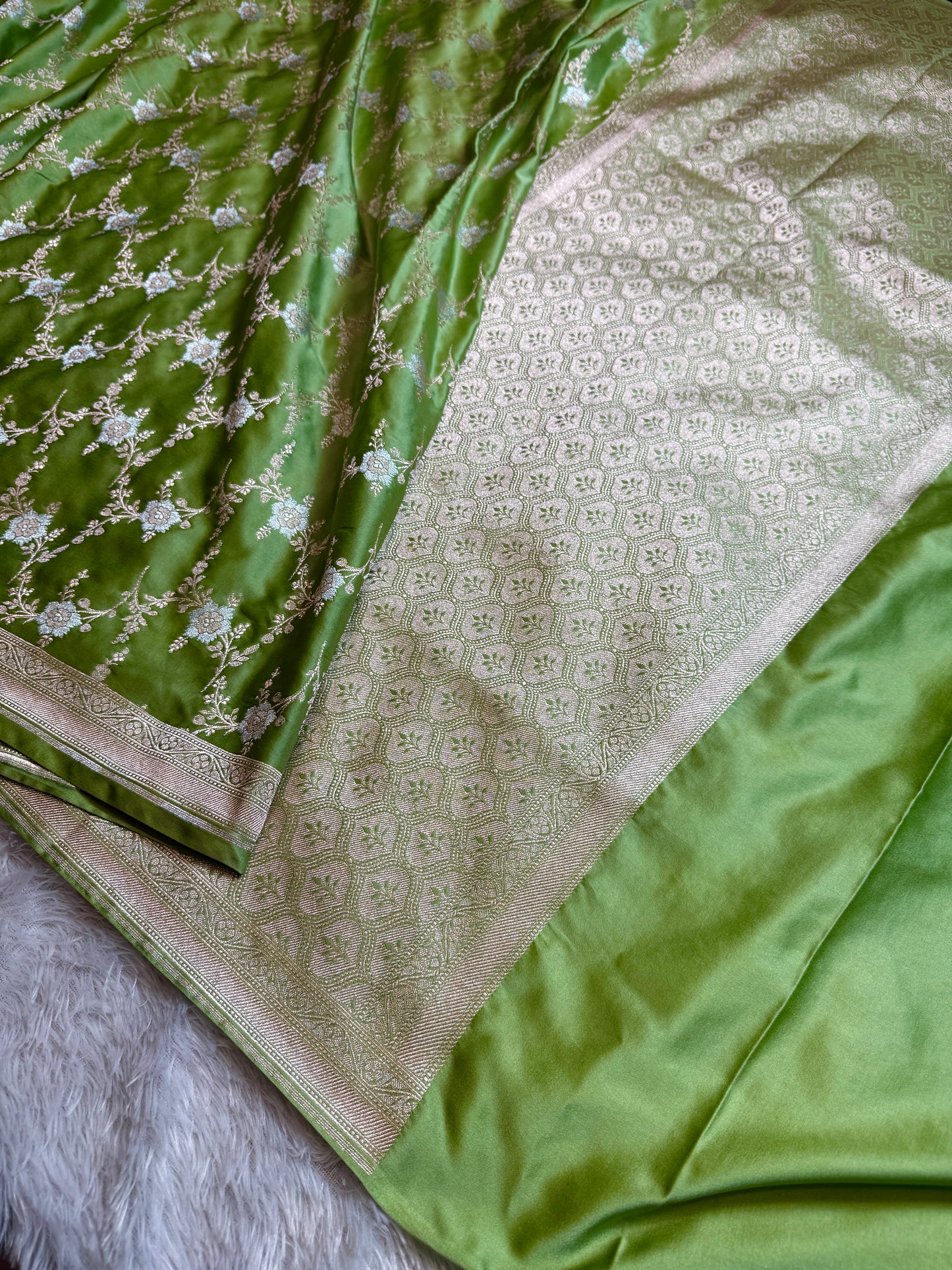 Pista green premium Banarasi Mashru katan silk saree MK219