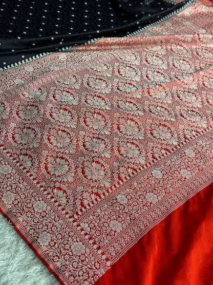 Black and red colour premium Banarasi tanchui Mashru katan silk saree MK248