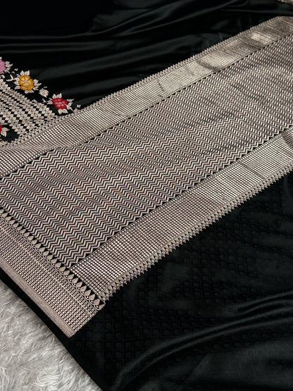 Black colour premium Banarasi tilfi Mashru katan silk saree MK332