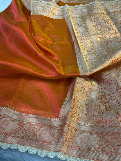 Orange Banarasi tissue silk saree with lace border TS106
