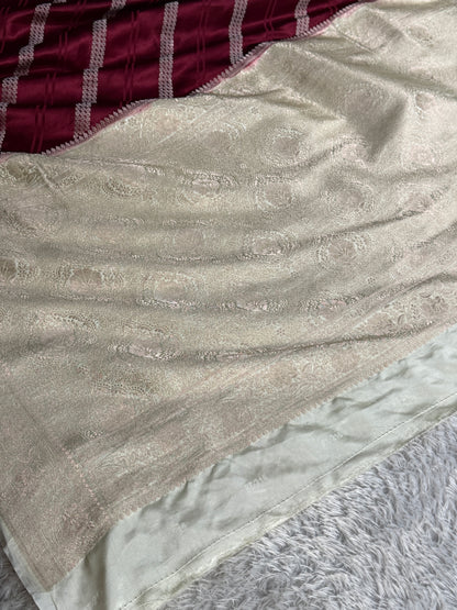 Wine with off white colour premium Banarasi Mashru katan silk saree MK342