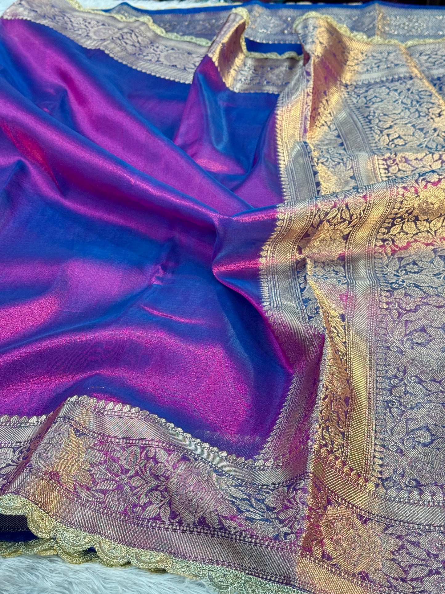 Baigni color Banarasi tissue silk saree with lace border TS106