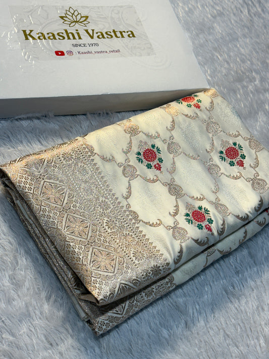 Cream Banarasi Mashru katan silk saree MK160