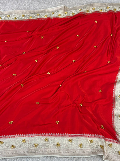 Red with off white colour premium Banarasi Mashru katan silk saree MK346