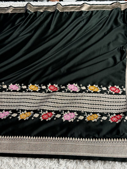 Black colour premium Banarasi tilfi Mashru katan silk saree MK332