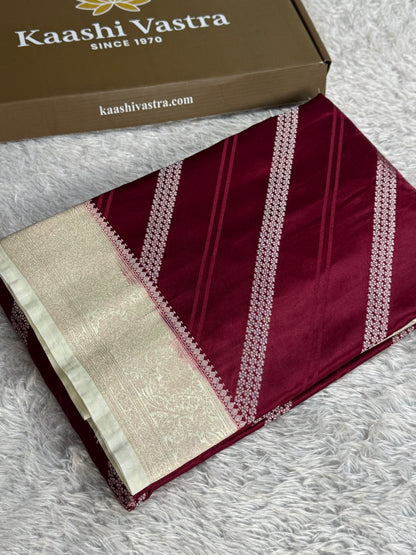 Wine with off white colour premium Banarasi Mashru katan silk saree MK342