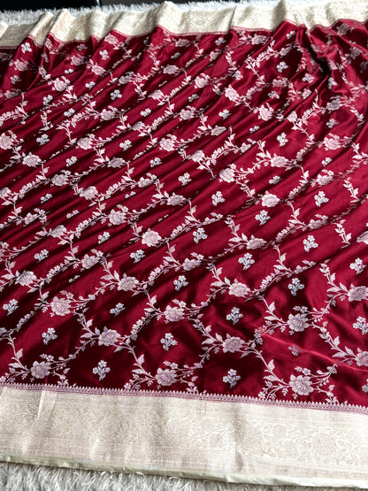 Maroon with off white colour premium Banarasi Mashru katan silk saree MK339