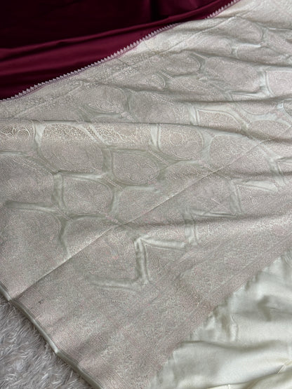 Wine with off white colour premium Banarasi Mashru katan silk saree MK284