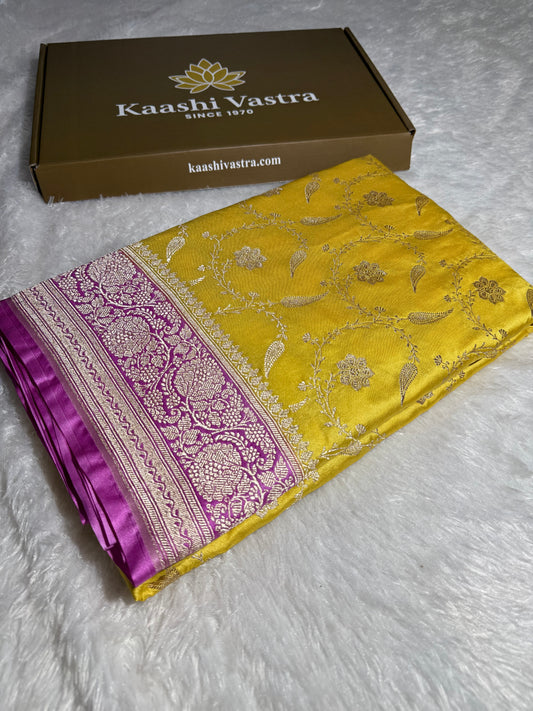 Yellow pink contrast Banarasi Mashru katan silk saree MK203