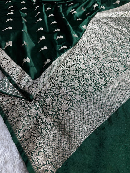 Bottle green premium Banarasi Mashru katan silk saree MK226