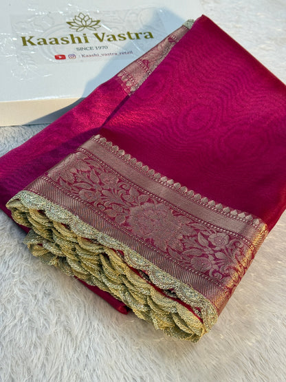 Rani pink Banarasi tissue silk saree with lace border TS106