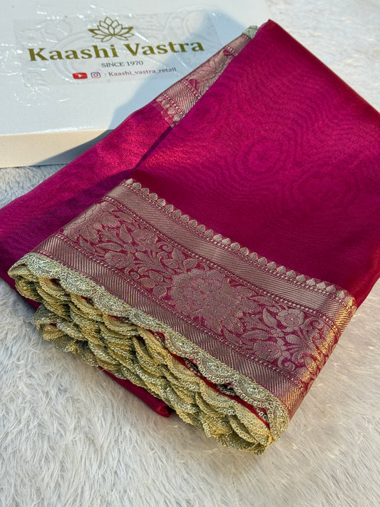 Rani pink Banarasi tissue silk saree with lace border TS106
