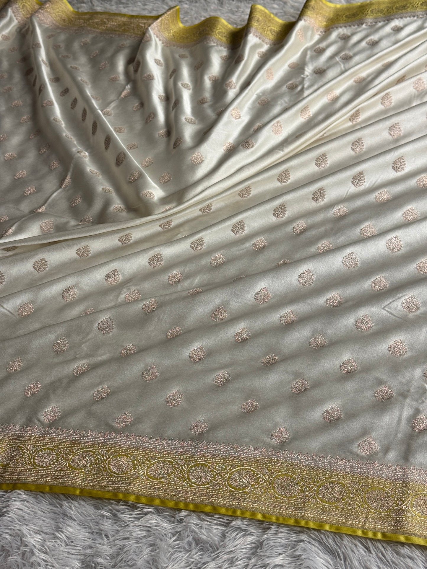 Lemon with off white colour premium Banarasi Mashru silk saree MK290