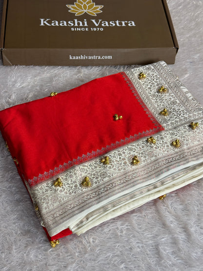 Red with off white colour premium Banarasi Mashru katan silk saree MK346